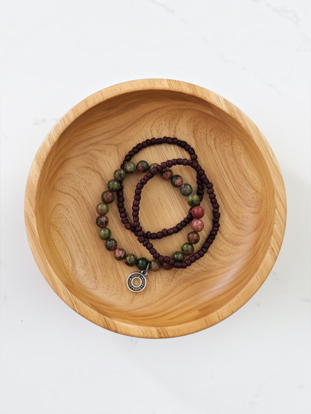 One Step at a Time Bracelet Set | Unakite Bead Silver ship's wheel charm
